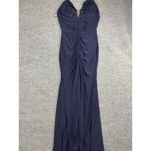 Jewel Badgley Mischka Dress Womens 8 Navy Blue Ruched Evening Gown Formal Maxi